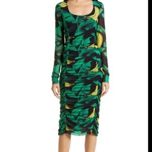 Ganni Ruched Printed Stretched jersey Midi Dress Black and Yellow